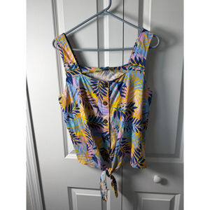 Women's Caribbean Joe Tank Top L Blue Yellow Tropical Print